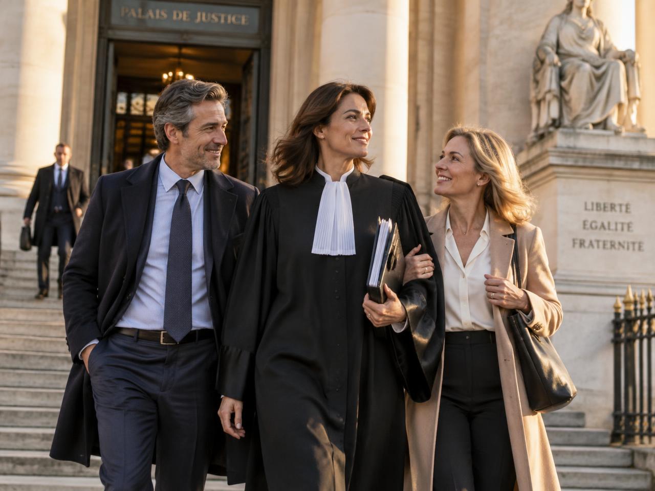 Une avocate en robe sort du palais de justice avec ses clients souriants