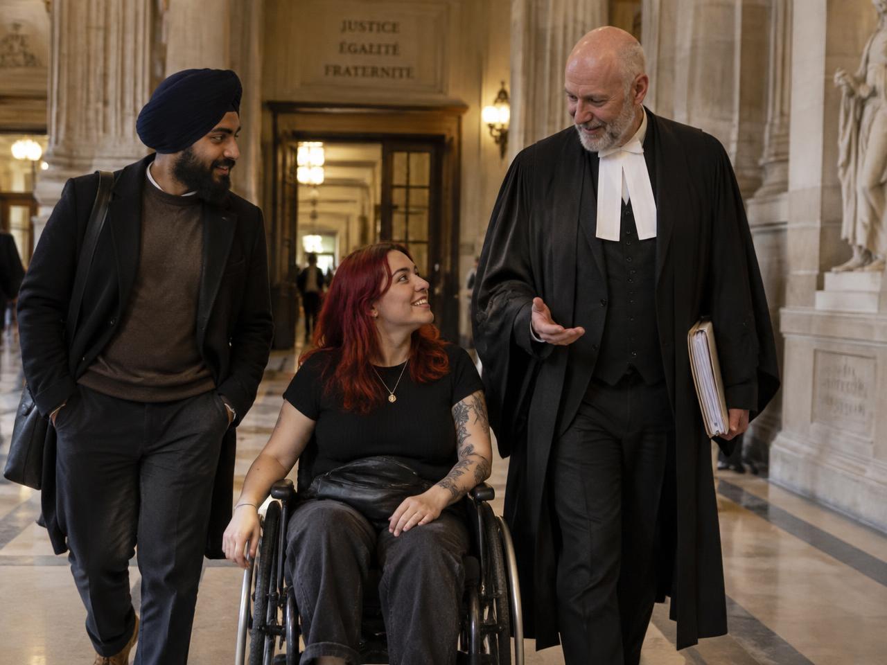 Un avocat en robe accompagne deux jeunes clients au palais de justice